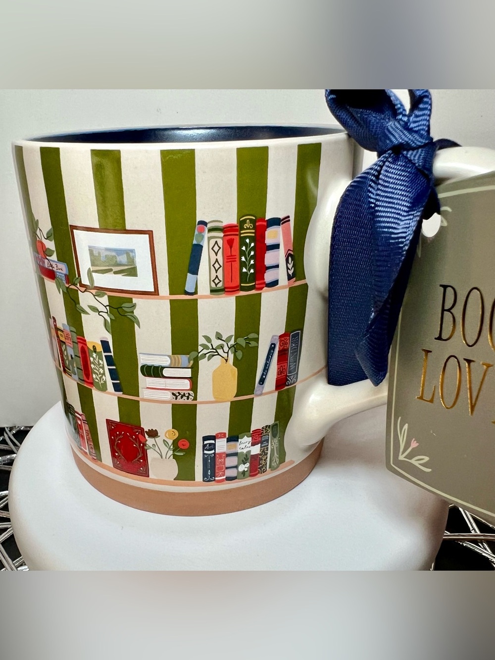 Green Striped Bookshelf Ceramic Mug Book Lover Art Plants Flowers Library